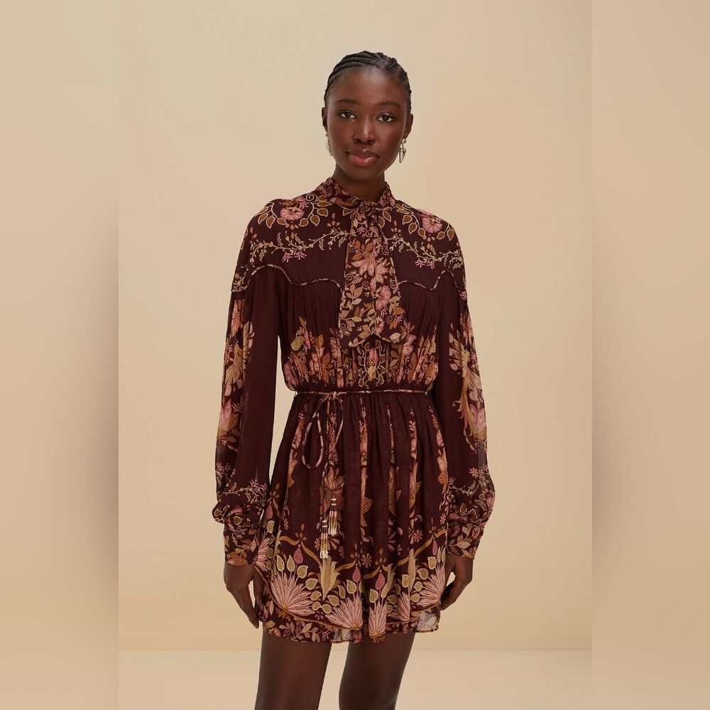 FARM Rio Burgundy Floral Long Sleeve Dress
